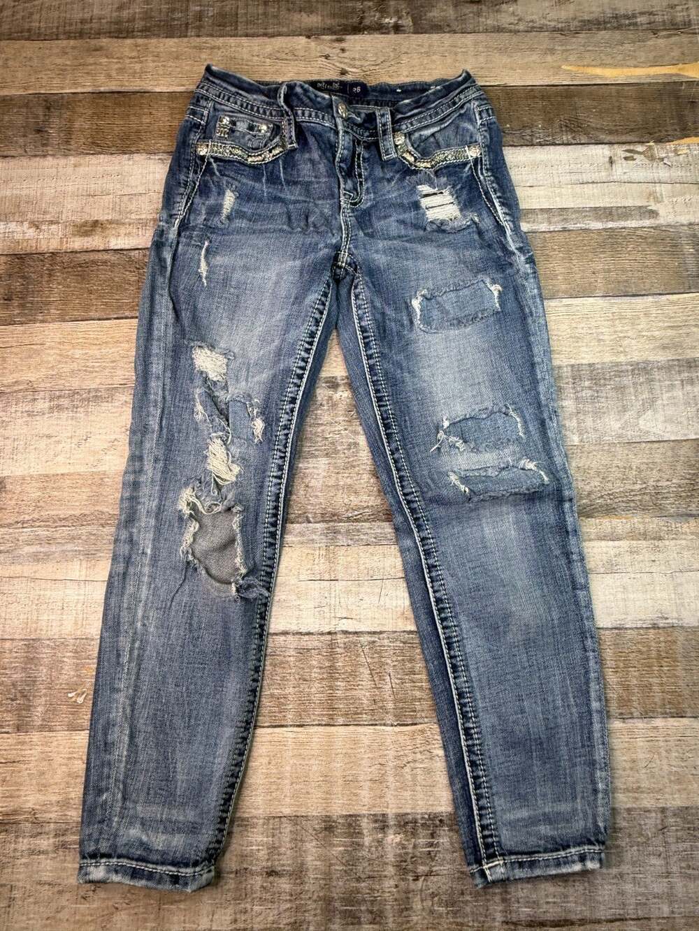Miss Me Jeans Low Rise Ankle Skinny Distressed Light Blue Womens Size 26
